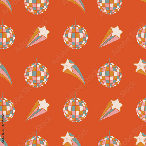 Retro groovy seamless pattern with hand drawn disco ball and star. Textured illustrations background.