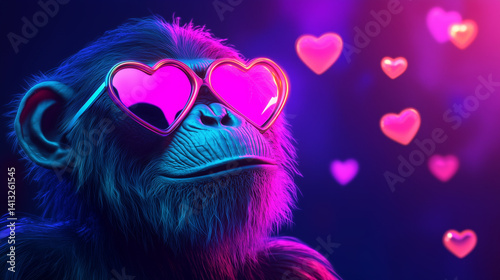 Primate in heart-shaped sunglasses with vibrant blue and pink glow