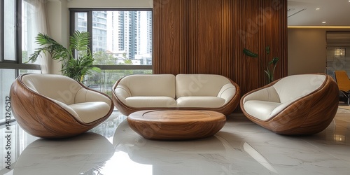 Stylish Interior Featuring Wood and Leather Seating Arrangement with Table and Plants in Modern Room