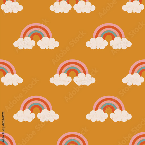 Groovy Colorful Butterflies and Flowers Seamless Pattern Retro Psychedelic 70s Vector Design. Textured illustrations background.