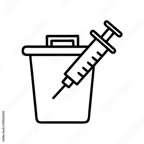 Needle disposal in trash can icon vector illustration for medical waste management concept design