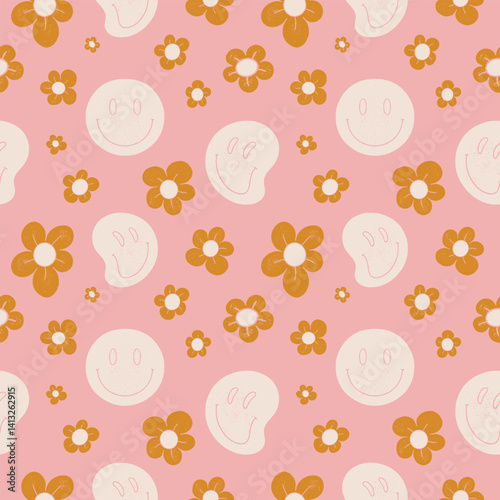 Groovy Smiles and Flowers Seamless Pattern Retro Psychedelic 70s Vector Design. Textured illustrations background.