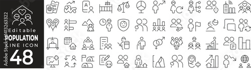 Population & Demography set of web icons in line style. Collection includes migration, economic, community, population, fertility, health, labour, life expectancy, and more