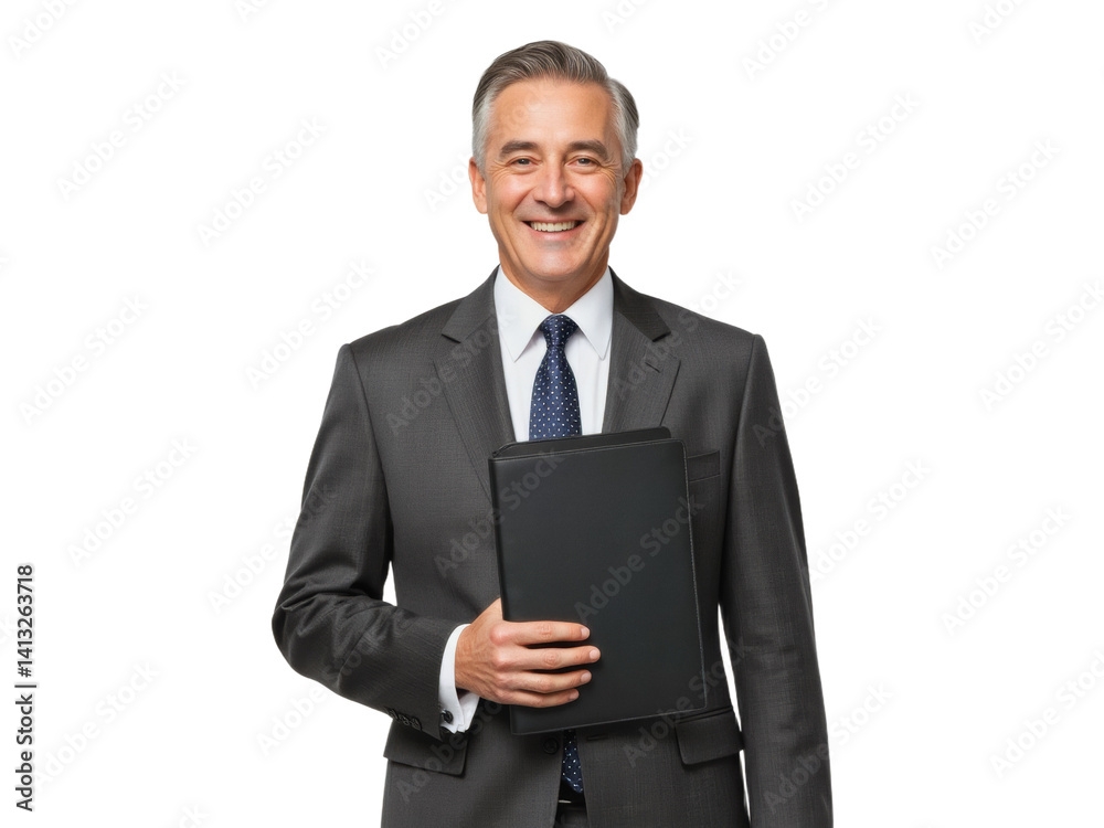Business portrait isolated on white transparent background: A mature, distinguished man in a suit confidently smiles while holding a clipboard, projecting professionalism and competence. Business portrait isolated on white transparent background: A mature, distinguished man in a suit confidently smiles while holding a clipboard, projecting professionalism and competence.