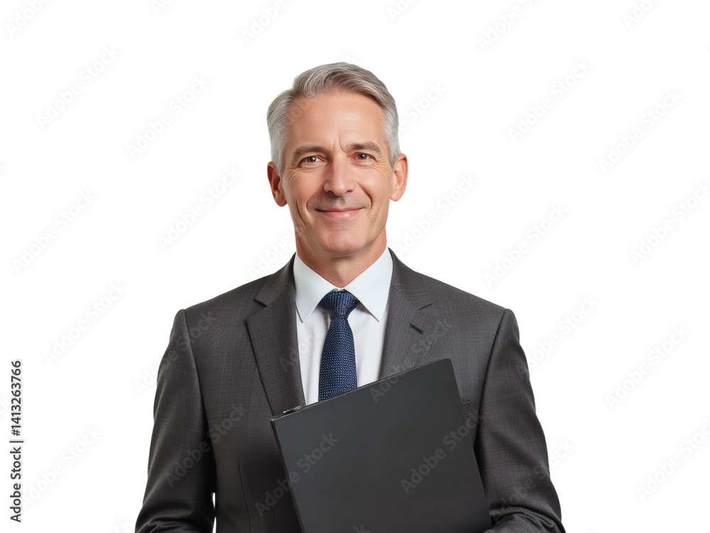 Business portrait isolated on white transparent background: A mature man with graying hair smiles confidently while holding a laptop, dressed in a professional suit against a plain white background. Business portrait isolated on white transparent background: A mature man with graying hair smiles confidently while holding a laptop, dressed in a professional suit against a plain white background.