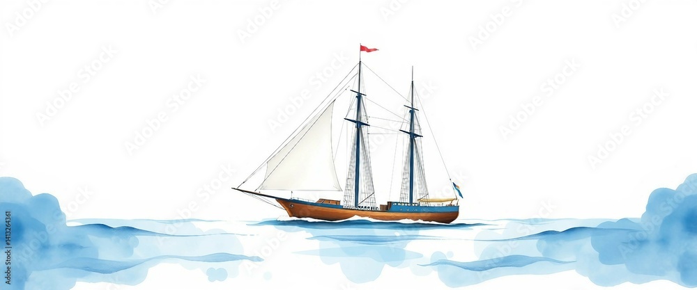 Naklejka premium Wunderschönes Segelschiff als Aquarell auf weißem Hintergrund, ideal für maritime Deko, Poster oder Kinderzimmergestaltung