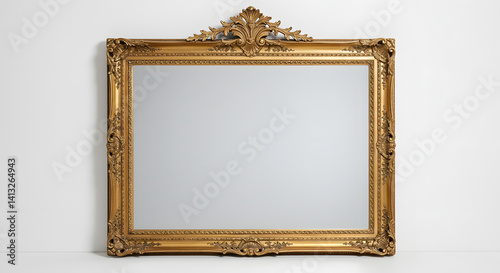 Framed mirror with ornate gold gilded frame sitting on a white surface