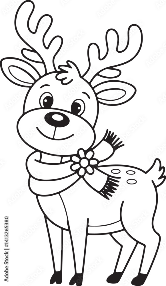Obraz premium cute cartoon reindeer with scarf coloring page line drawing illustration