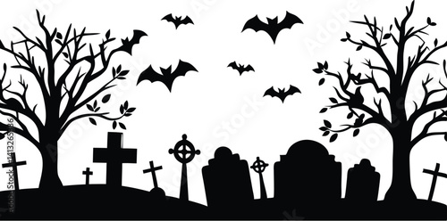 a dark, moody halloween scene with spooky trees, bats, gravestones, and a full moon in the night sky, digital art
