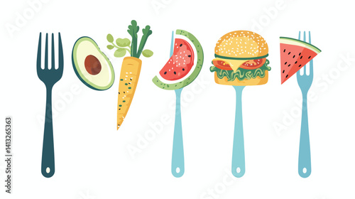 Forking Awesome: Flat Icons of Fast Food & Veggie Delights set diet meal menu cute forks meals lunch