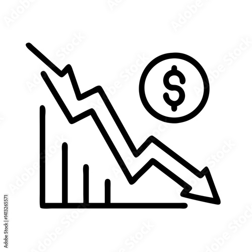 Illustration of financial loss stock market crash economic downturn with downward trending arrow and dollar