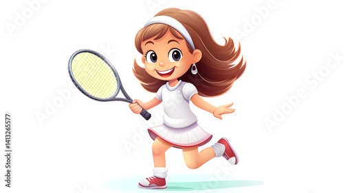 Cheerful young girl playing tennis - Cute kid enjoying sports - Cartoon vector illustration