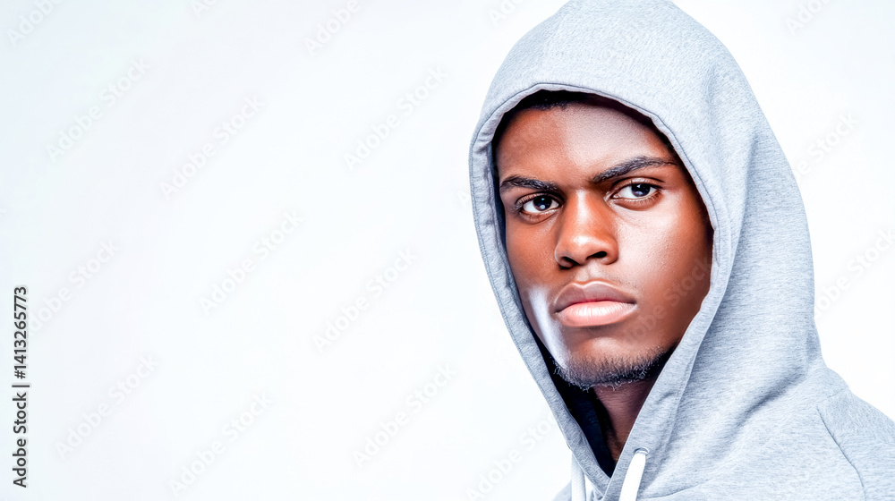 Young man wearing a hoodie posing in studio with serious expression Young man wearing a hoodie posing in studio with serious expression