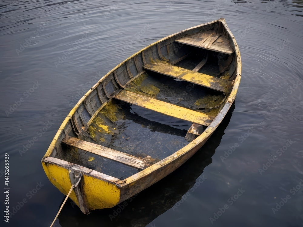 Obraz premium Old Rowboat Floating on Calm Water