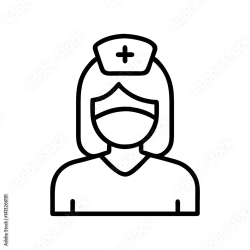 Nurse icon vector illustration of healthcare worker wearing mask and cap in outline style