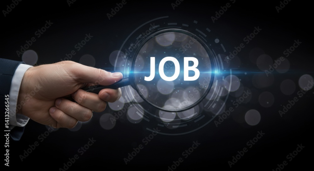 Searching for a Job: Hand Holding a Magnifying Glass Over the Illuminated Word Searching for a Job: Hand Holding a Magnifying Glass Over the Illuminated Word