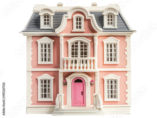 Miniature Dollhouse: detailed dollhouse facade with tiny windows, pink door and balcony, designed for 6-inch figures, isolated on a white background