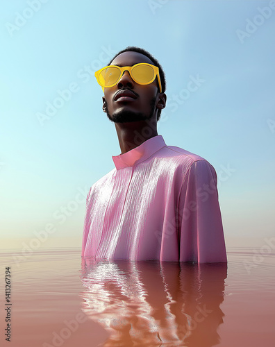 A fashion-forward man in a pink shirt partially submerged in water, wearing yellow sunglasses and gazing into the distance. Surreal editorial shot blending elegance with serenity.