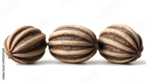 Three brown seeds, oval-shaped, ribbed, arranged in a row