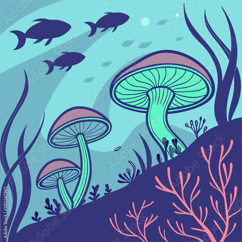 Underwater World with Floating Fish and Giant Mushroom