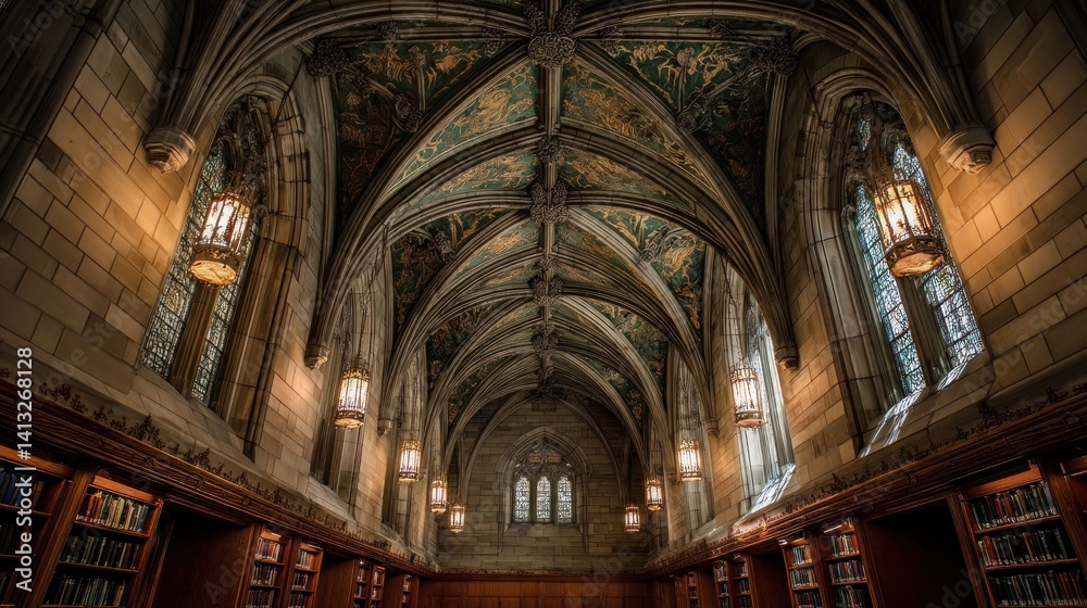 Fototapeta premium Neo-Gothic cathedral ceiling in a library with pointed arches, ribbed vaults, and stained glass depicting literary scenes