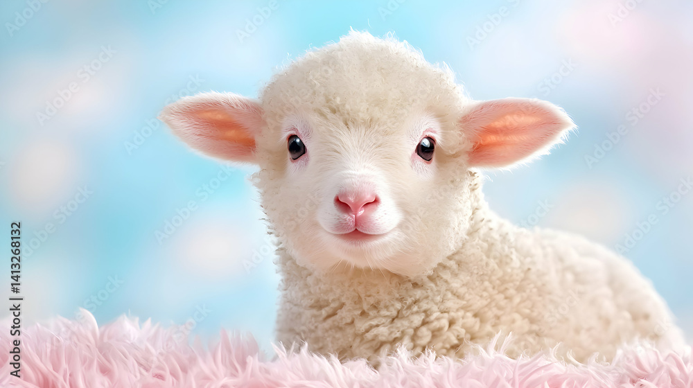 Fototapeta premium Adorable fluffy white lamb soft pastel background spring animal photography