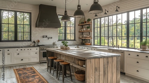 Rustic Modern Farmhouse Kitchen Design With Island And Large Windows Photo