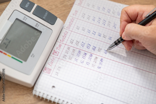 health daily tracking, hand writing blood pressure readings from monitor on sheet of paper, documenting blood pressure results, self-monitoring measurement, cardiovascular health