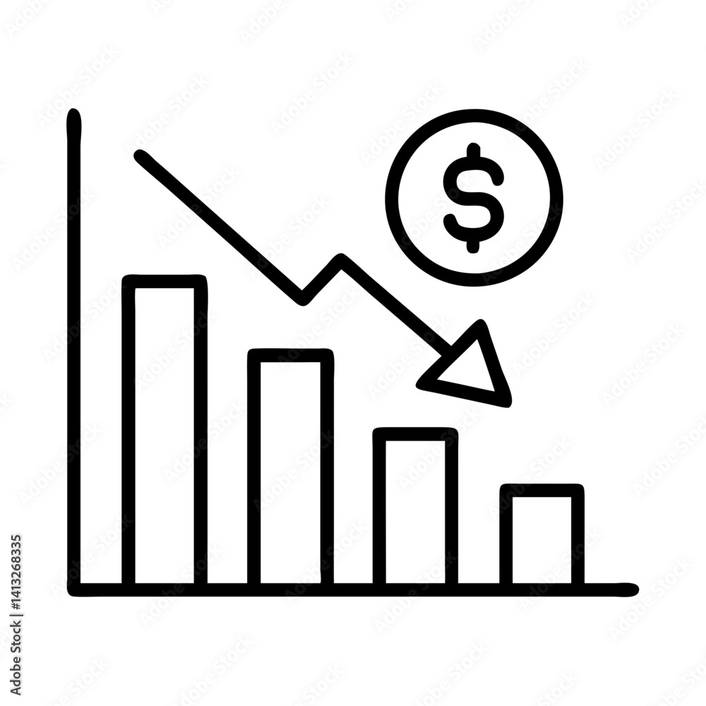 Financial loss chart diagram with arrow and coin showing business decline and recession impact Financial loss chart diagram with arrow and coin showing business decline and recession impact