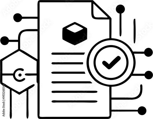 Smart Contract Document with Checkmark and Network Elements  