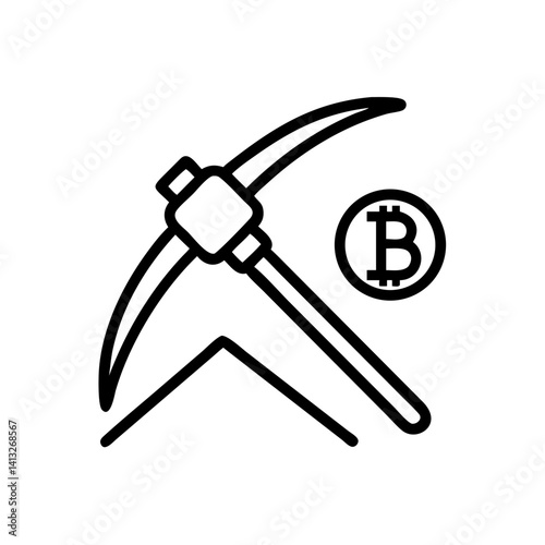 Cryptocurrency Mining Icon with Pickaxe and Bitcoin Symbol  