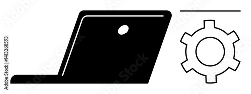 Open laptop facing right next to a gear icon symbolizing configuration or technical aspects. Ideal for technology, IT solutions, software, hardware, processes, customization, simple landing page