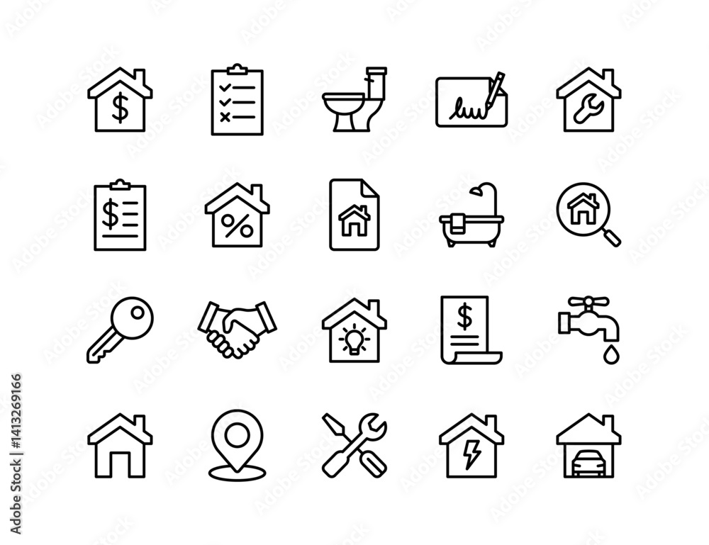 Fototapeta premium Real Estate Vector Icon Set | Adjustable Line Weight | Property, home, rent, sale, mortgage, contract, plumbing, inspection, repair, garage, location, key, bill icons