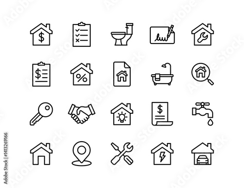 Real Estate Vector Icon Set | Adjustable Line Weight | Property, home, rent, sale, mortgage, contract, plumbing, inspection, repair, garage, location, key, bill icons