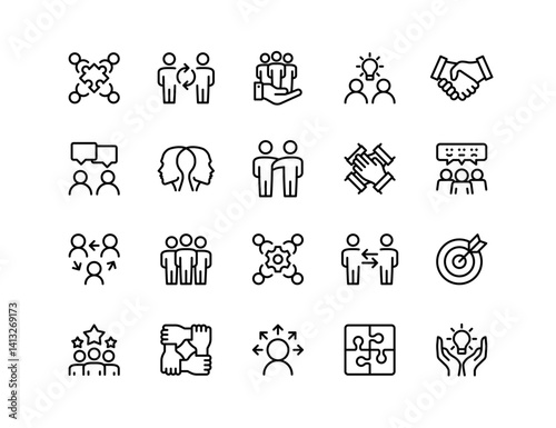 Teamwork Vector Icon Set | Adjustable Line Weight | Collaboration, support, communication, unity, connection, brainstorming, handshake, discussion, partnership, leadership, trust, idea, team icons