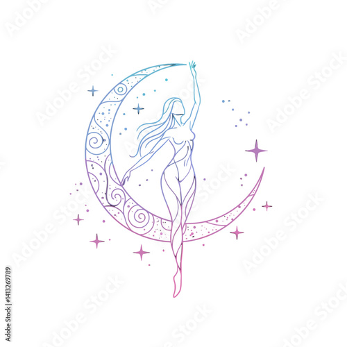 Woman Dancing on the Moon Surrounded by Stars