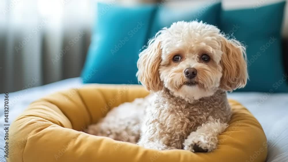Fluffy apricot poodle resting in a yellow bed. Fluffy apricot poodle resting in a yellow bed.