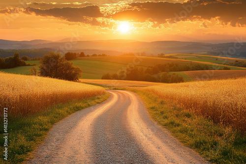 Dirt road leading to a sunset-lit field.