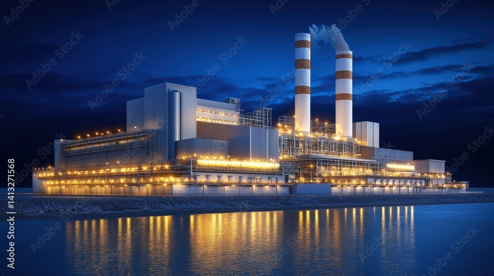 Naklejka premium Modern Power Plant at Night with Illuminated Facilities and Smoke