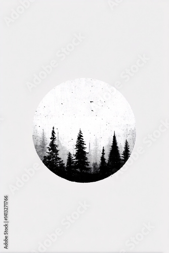 black and white tree and moon illustrations with minimalist style, abstract nature designs with ink and watercolor effects, silent forest drawings, artistic line compositions for print or poster use