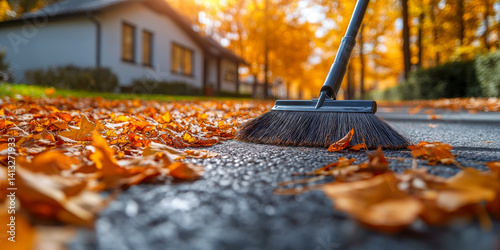 Driveway sweeping during autumn with fallen leaves on a sunny day in a residential area