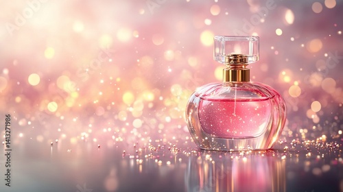 Pink perfume bottle on sparkling background