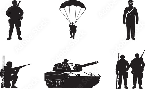 Military set silhouette vector illustration isolated On Transparent Background