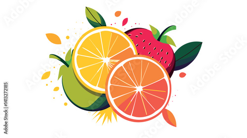 Colorful citrus fruits and strawberry with leaves on white background flat vector illustration