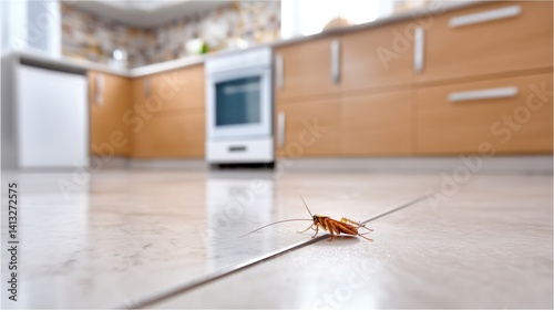 Cockroach on Kitchen Floor in Modern Clean Kitchen Environmen