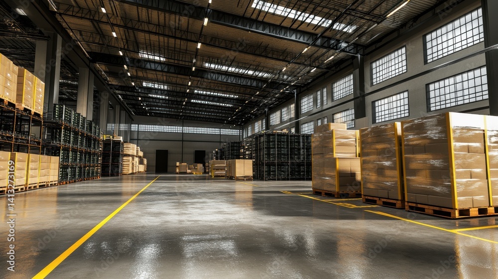Fototapeta premium Modern Warehouse Interior with Shelves and Stacked Pallets