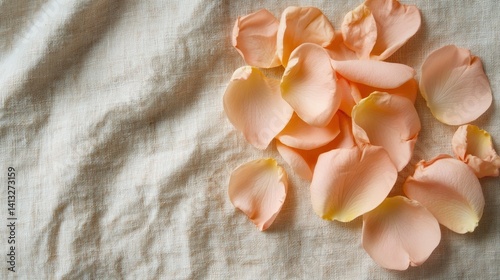 Delicate peach rose petals on textured fabric for romantic decor or gift wrapping
