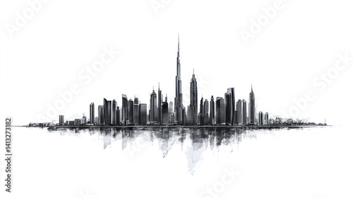 Dubai Skyline Silhouette, Cityscape, Horizon, Architectural Design, Line Art, Abstract, Urban, Modern,  background, Stock Image