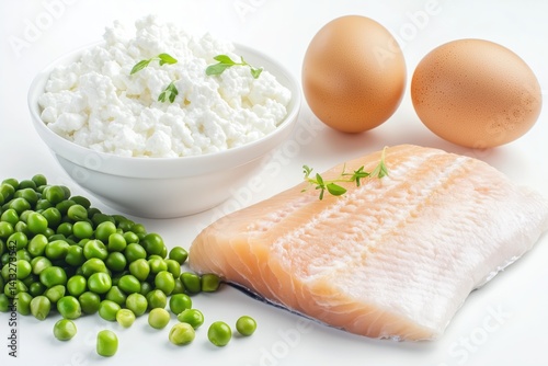 Fresh Ingredients Including Chicken, Eggs, Cottage Cheese, and Green Peas. Perfect for healthy meal preparation or diet-related concepts.