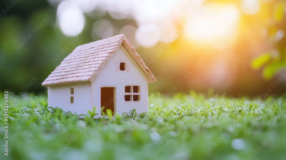 Tiny Model House on Green Grass with Soft Sunlight in Background Tiny Model House on Green Grass with Soft Sunlight in Background
